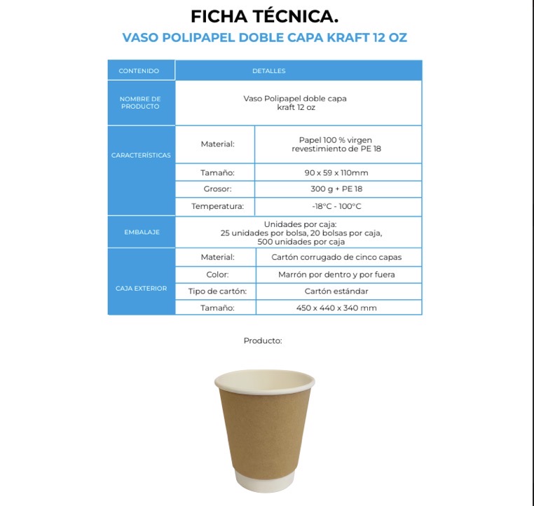 VASO POLIPAPEL DOBLE CAPA KRAFT 12 OZ (20X25)