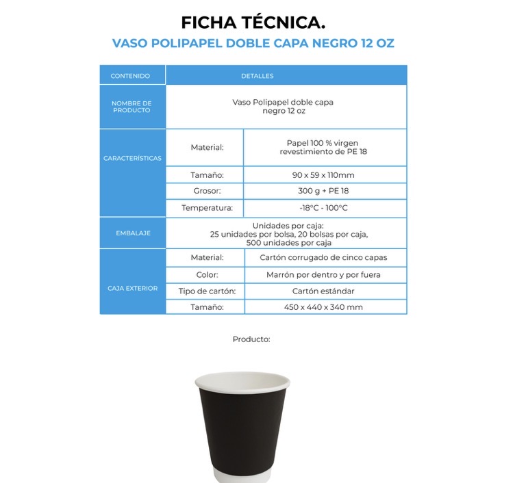 VASO POLIPAPEL DOBLE CAPA NEGRO 12 OZ (20X25)