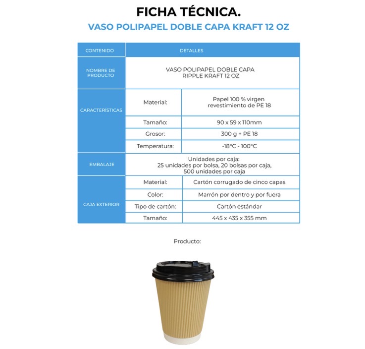 VASO POLIPAPEL DOBLE CAPA RIPPLE KRAFT 12 OZ (20X25)