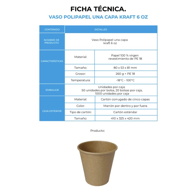 VASO POLIPAPEL UNA CAPA KRAFT 6 OZ (20X50)