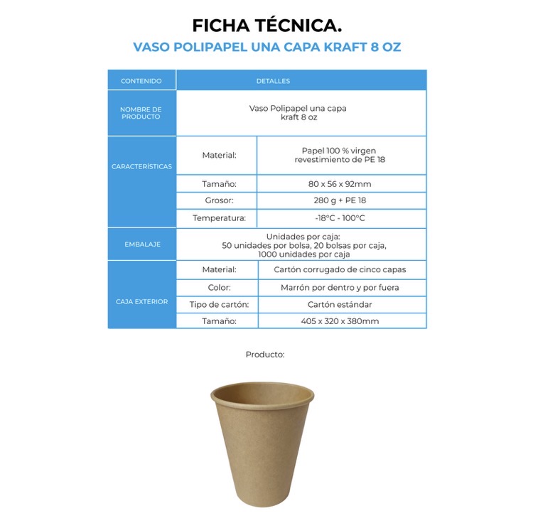 VASO POLIPAPEL UNA CAPA KRAFT 8 OZ (20X50)