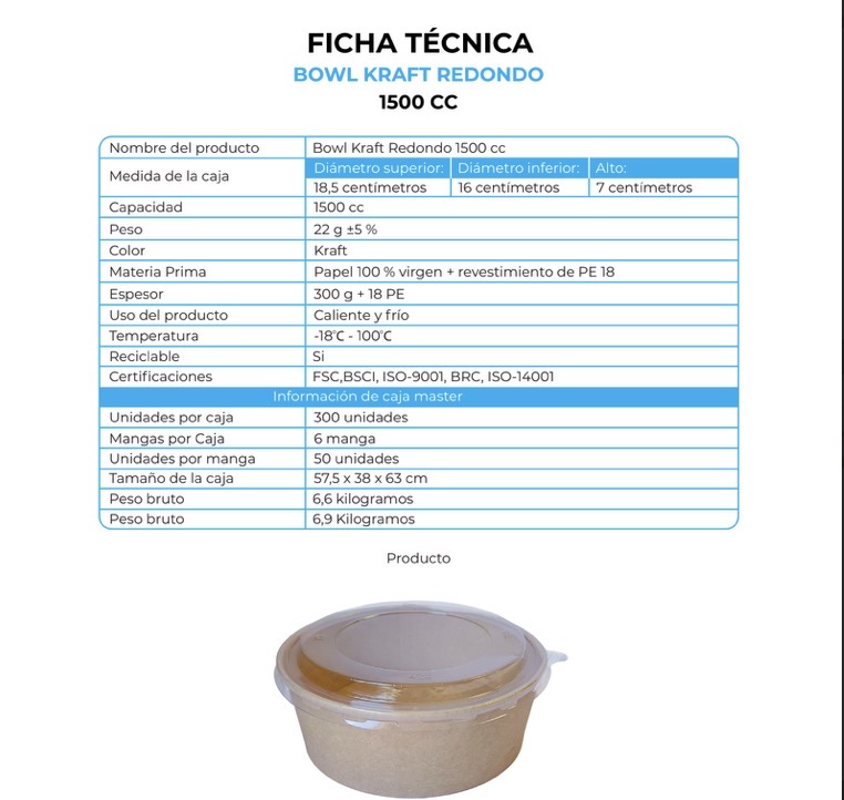 BOWL KRAFT REDONDO 1500CC (6X50)